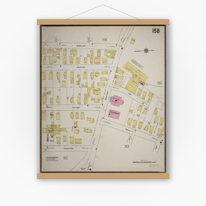 Old map wall art mockup — magnetic wood frame on white wall — Sanborn Fire Insurance Map from Worcester, Worcester County, Massachusetts (1910), Sheet #0158