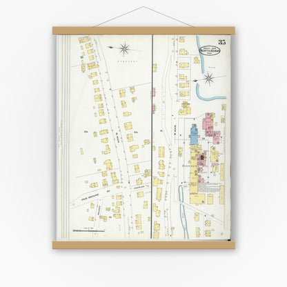 Old map wall art mockup — magnetic wood frame on white wall — Sanborn Fire Insurance Map from North Adams, Berkshire County, Massachusetts (1908), Sheet #0035