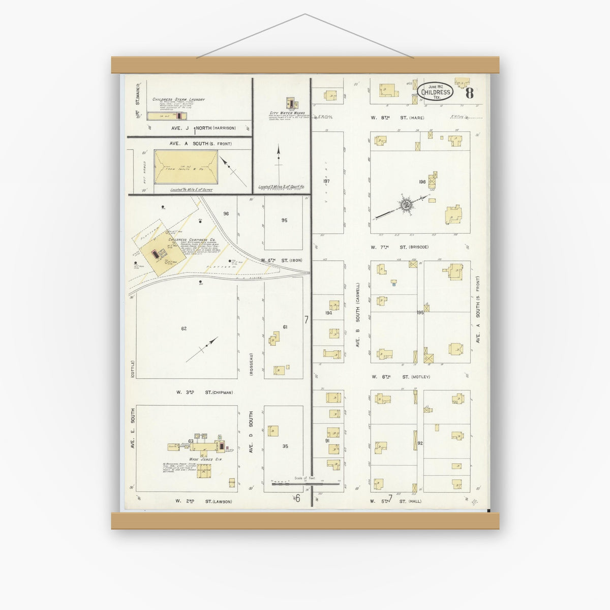 Old map wall art mockup — magnetic wood frame on white wall — Sanborn Fire Insurance Map from Childress, Childress County, Texas (1912), Sheet #0008