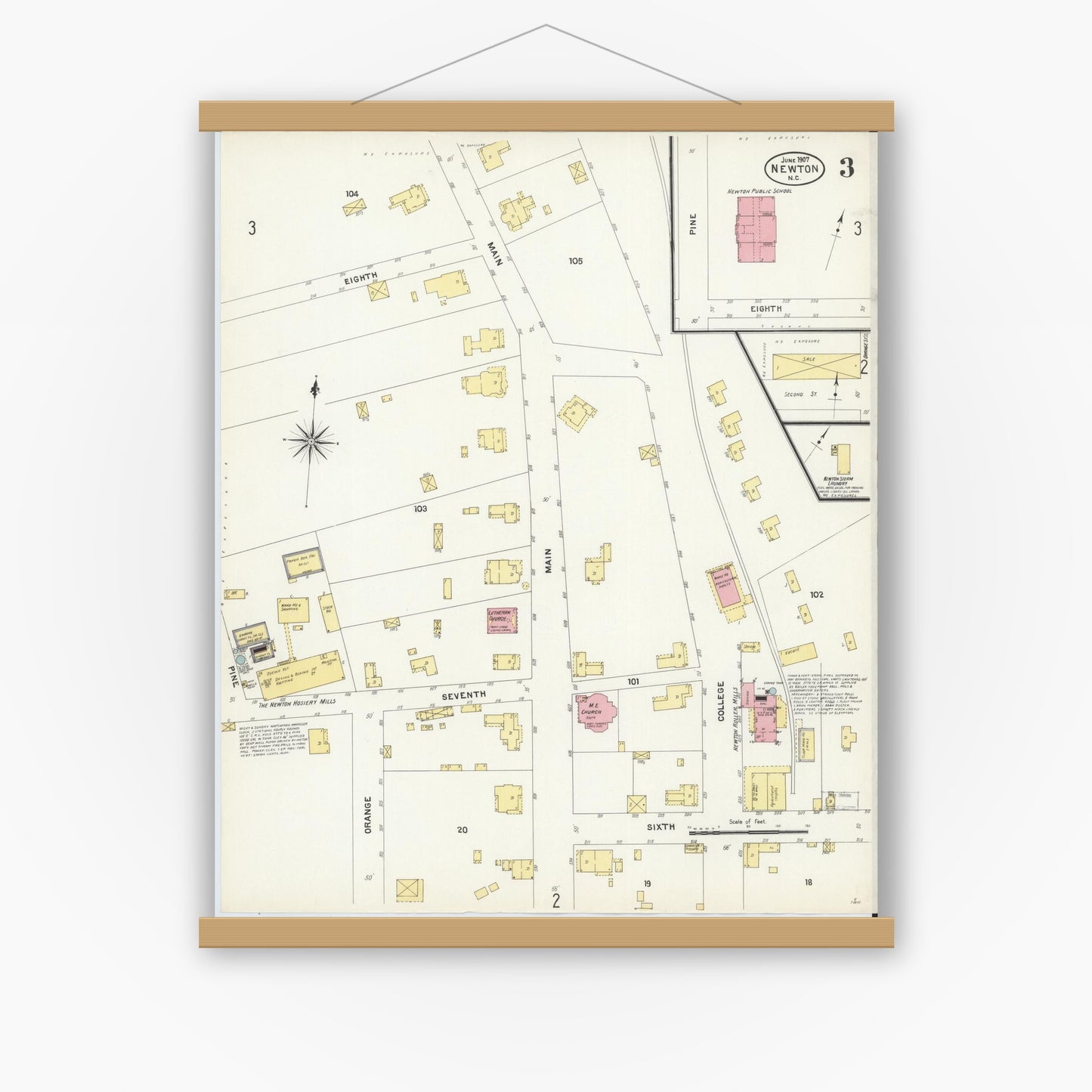 Old map wall art mockup — magnetic wood frame on white wall — Sanborn Fire Insurance Map from Newton, Catawba County, North Carolina (1907), Sheet #0003