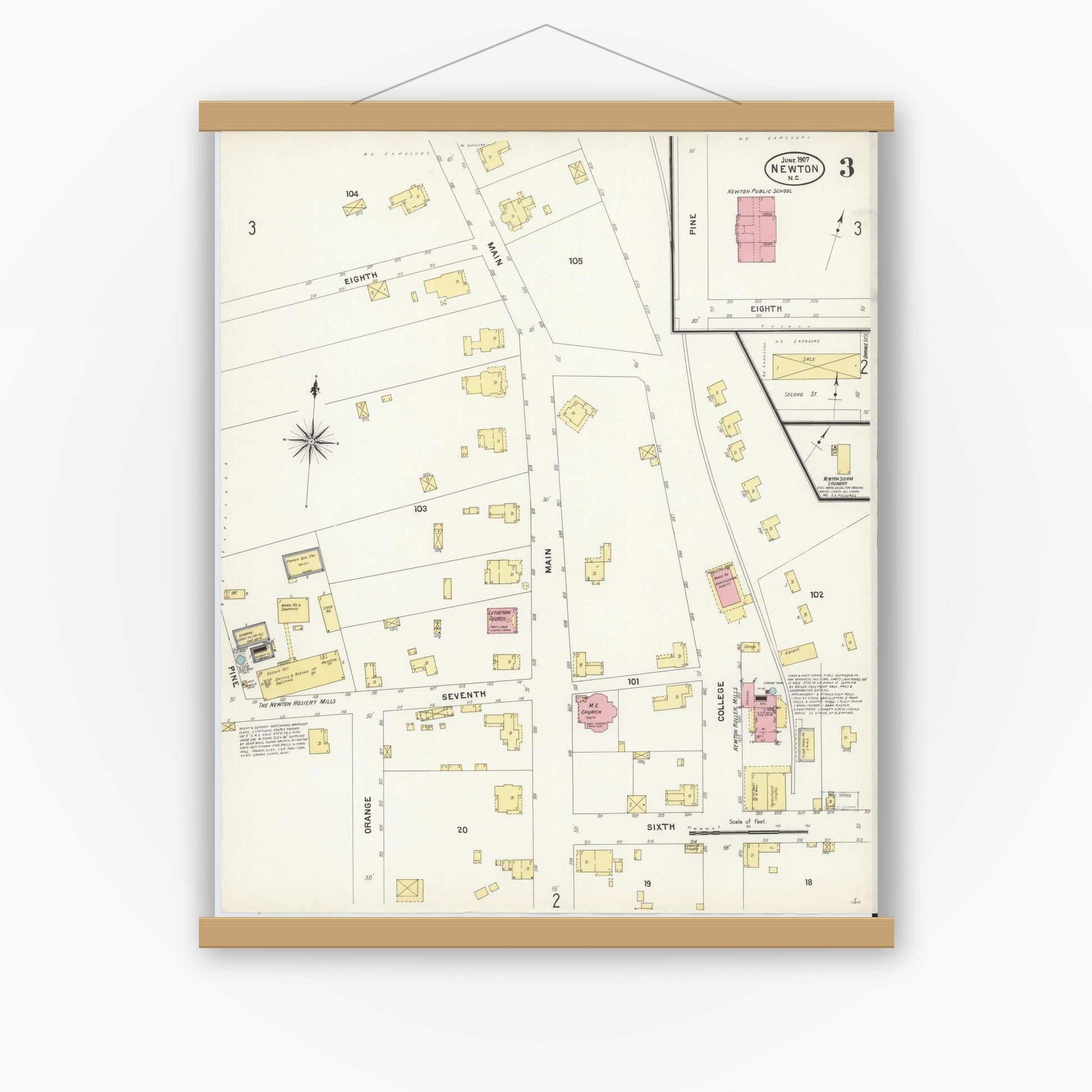 Old map wall art mockup — magnetic wood frame on white wall — Sanborn Fire Insurance Map from Newton, Catawba County, North Carolina (1907), Sheet #0003