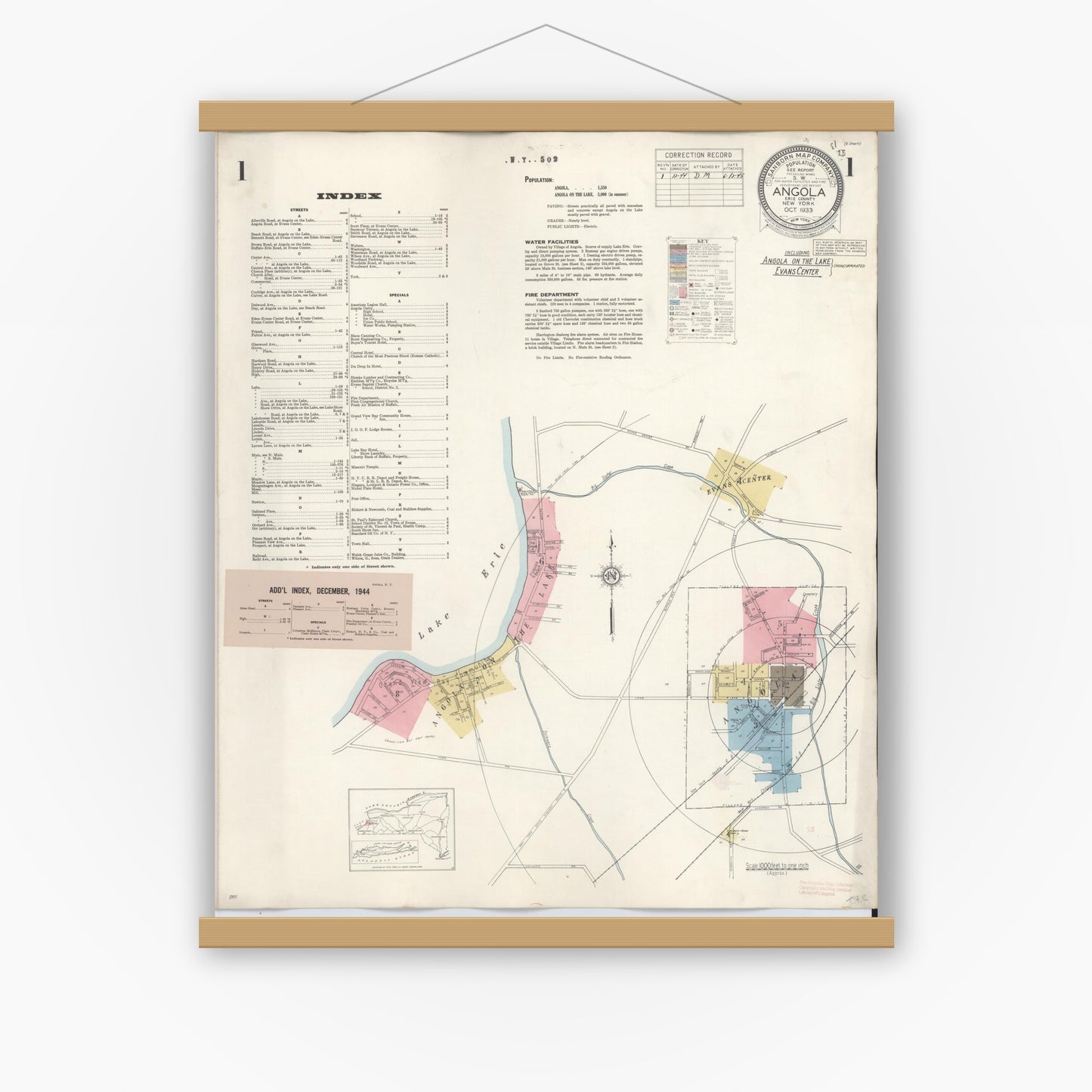 Old map wall art mockup — magnetic wood frame on white wall — Sanborn Fire Insurance Map from Angola, Erie County, New York (1944) - Complete Map Set