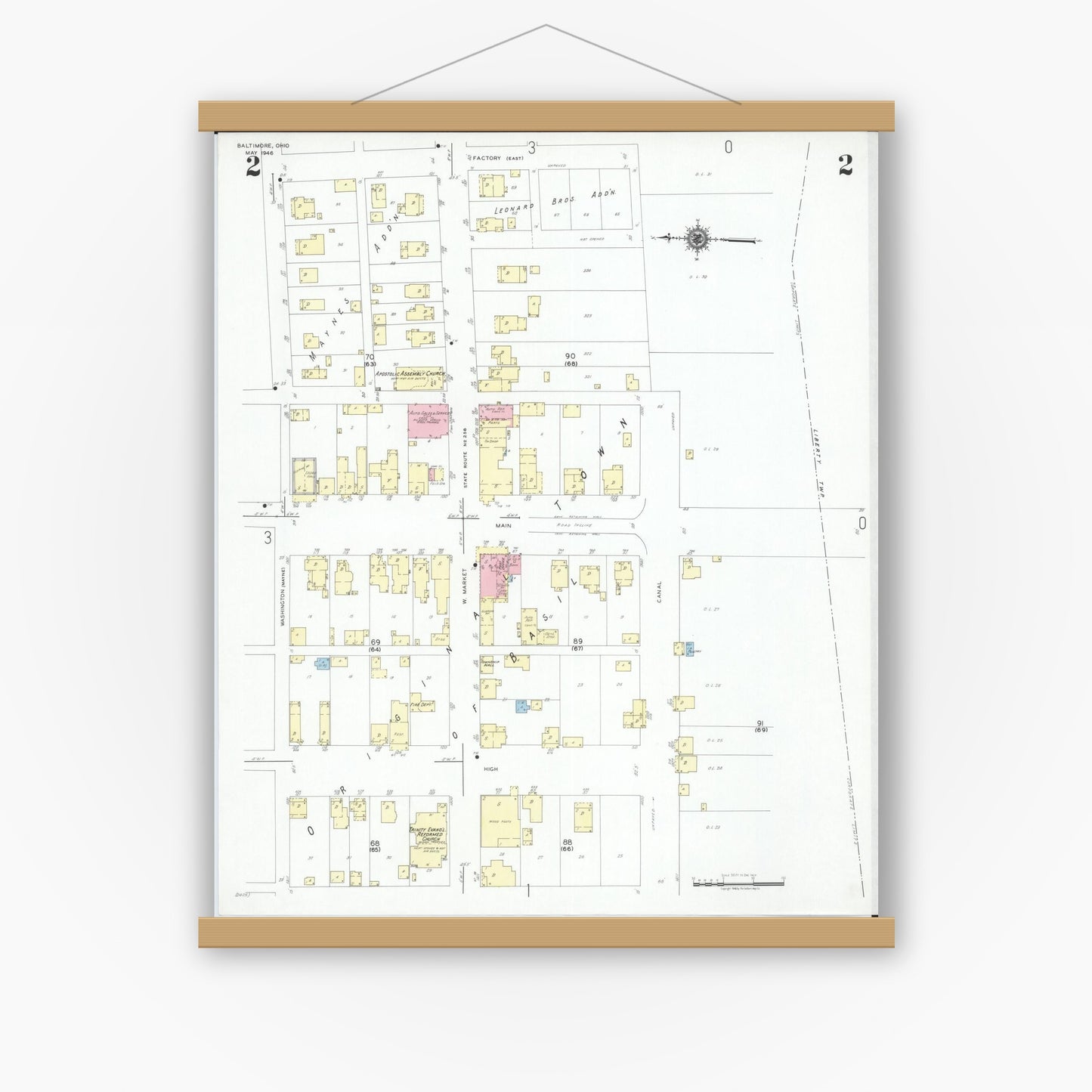 Old map wall art mockup — magnetic wood frame on white wall — Sanborn Fire Insurance Map from Baltimore, Fairfield County, Ohio (1946), Sheet #0002