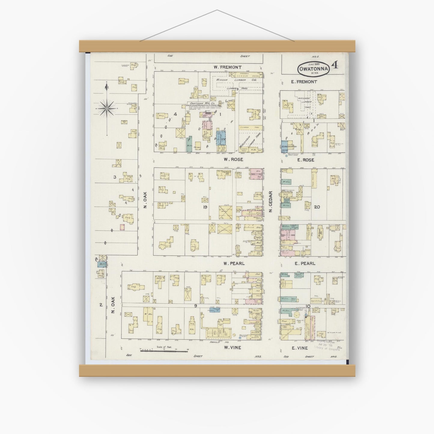 Old map wall art mockup — magnetic wood frame on white wall — Sanborn Fire Insurance Map from Owatonna, Steele County, Minnesota (1889), Sheet #0004