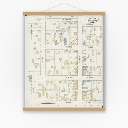 Old map wall art mockup — magnetic wood frame on white wall — Sanborn Fire Insurance Map from Owatonna, Steele County, Minnesota (1889), Sheet #0004