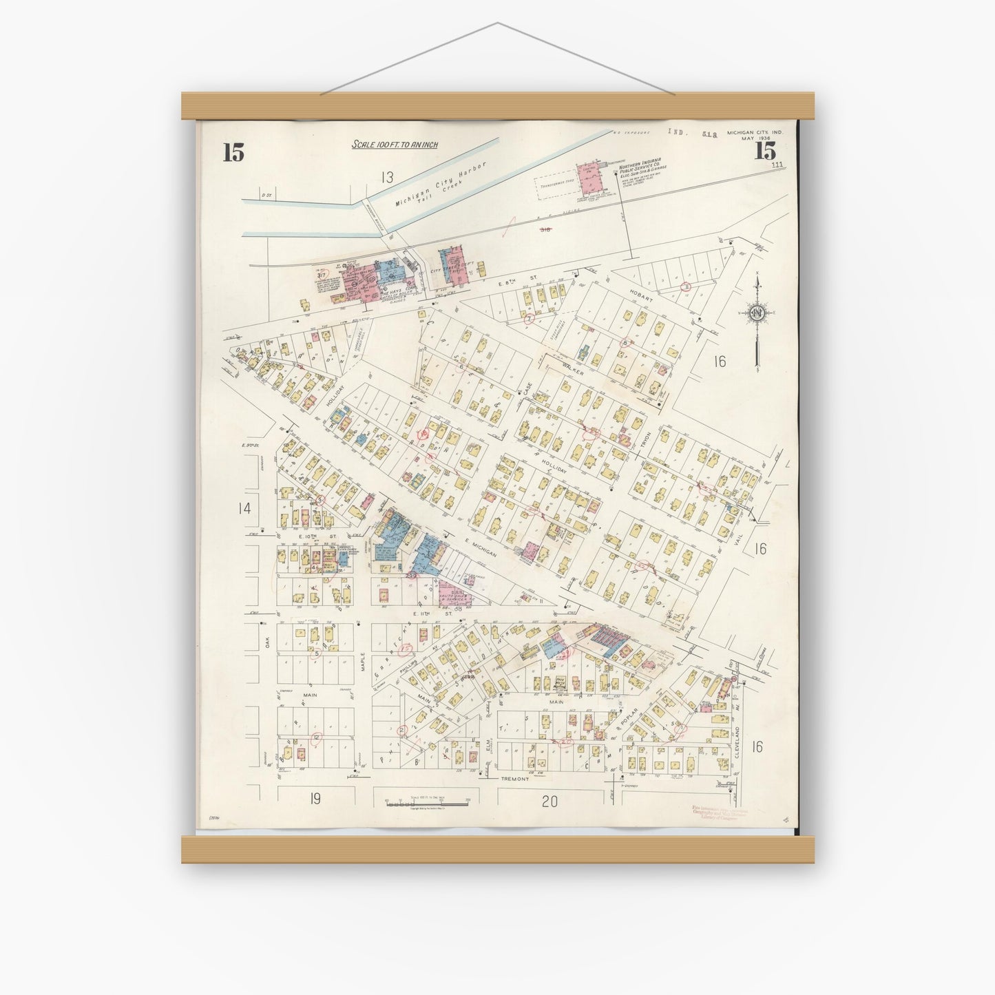 Old map wall art mockup — magnetic wood frame on white wall — Sanborn Fire Insurance Map from Michigan City, La Porte County, Indiana (1948), Sheet #0015