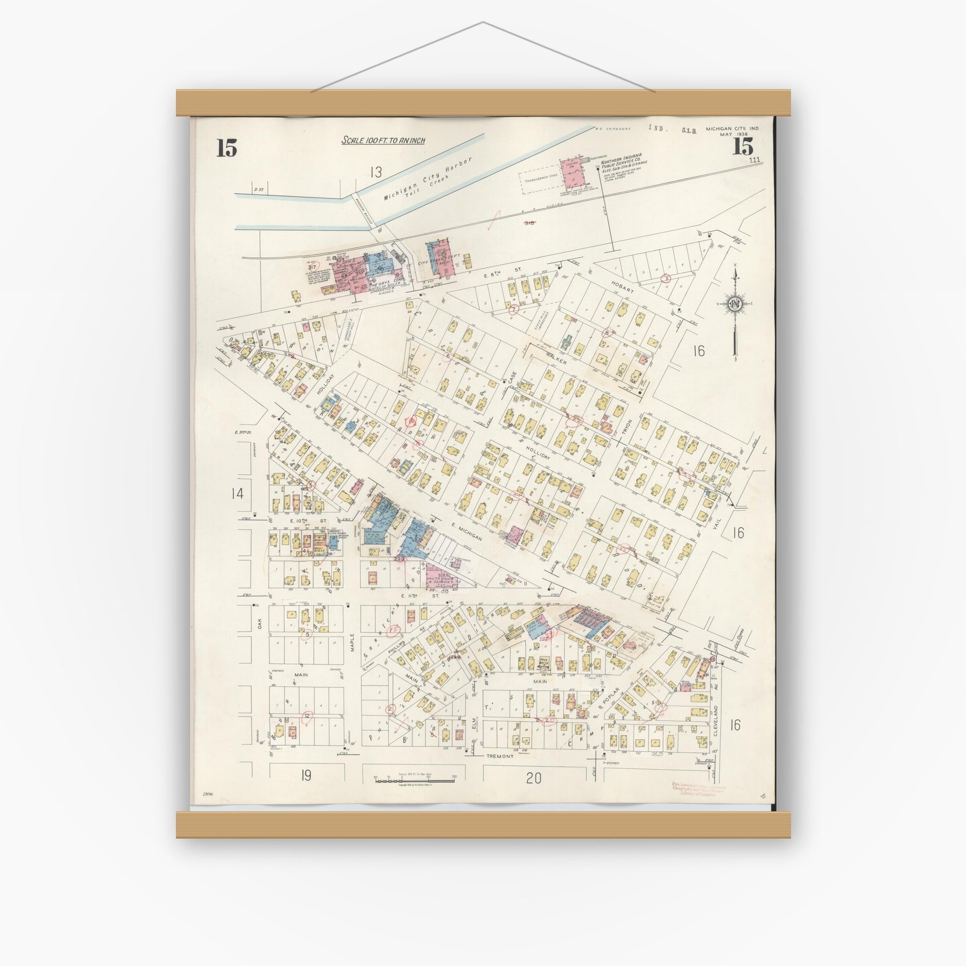 Old map wall art mockup — magnetic wood frame on white wall — Sanborn Fire Insurance Map from Michigan City, La Porte County, Indiana (1948), Sheet #0015