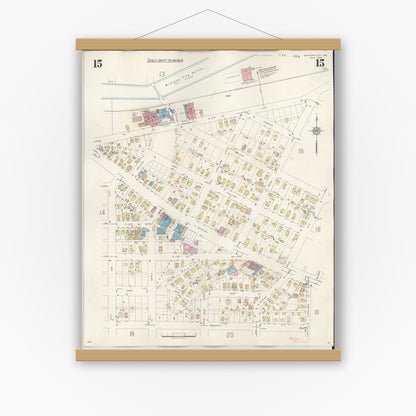 Old map wall art mockup — magnetic wood frame on white wall — Sanborn Fire Insurance Map from Michigan City, La Porte County, Indiana (1948), Sheet #0015