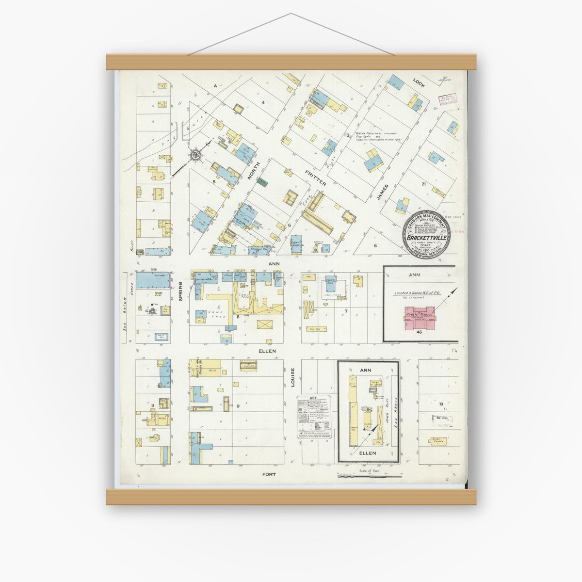 Old map wall art mockup — magnetic wood frame on white wall — Sanborn Fire Insurance Map from Brackettville, Kinney County, Texas (1910), Sheet #0001