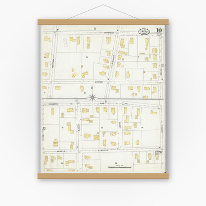 Old map wall art mockup — magnetic wood frame on white wall — Sanborn Fire Insurance Map from Orange, Franklin County, Massachusetts (1905), Sheet #0010