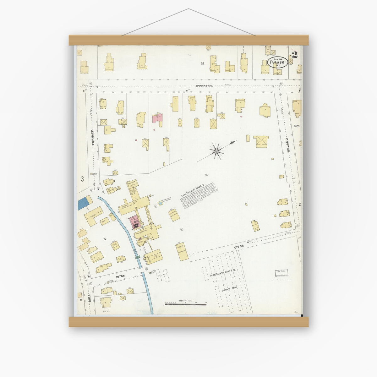 Old map wall art mockup — magnetic wood frame on white wall — Sanborn Fire Insurance Map from Pulaski, Oswego County, New York (1906), Sheet #0002