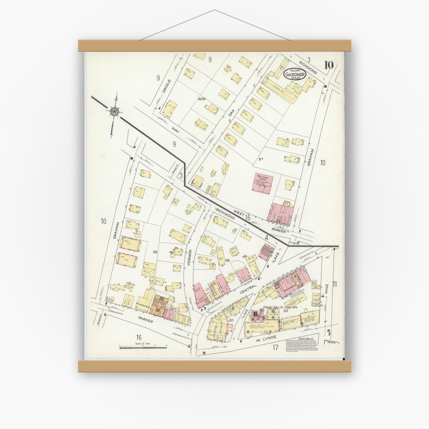 Old map wall art mockup — magnetic wood frame on white wall — Sanborn Fire Insurance Map from Gardner, Worcester County, Massachusetts (1914), Sheet #0010