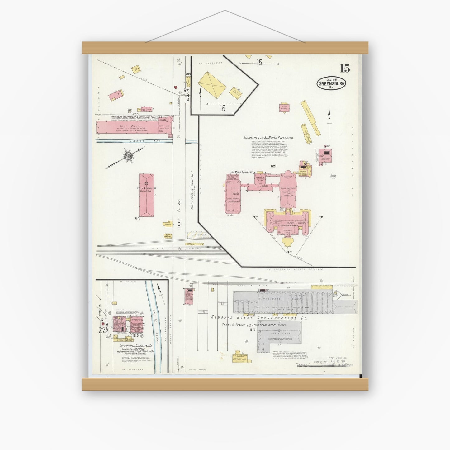 Old map wall art mockup — magnetic wood frame on white wall — Sanborn Fire Insurance Map from Greensburg, Westmoreland County, Pennsylvania (1915), Sheet #0015