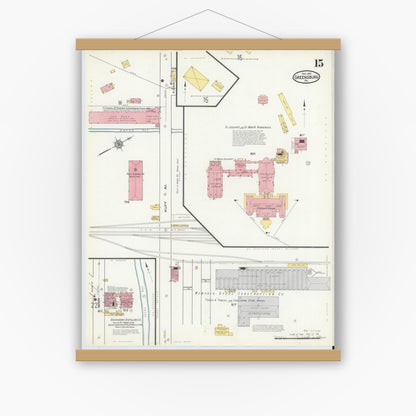 Old map wall art mockup — magnetic wood frame on white wall — Sanborn Fire Insurance Map from Greensburg, Westmoreland County, Pennsylvania (1915), Sheet #0015