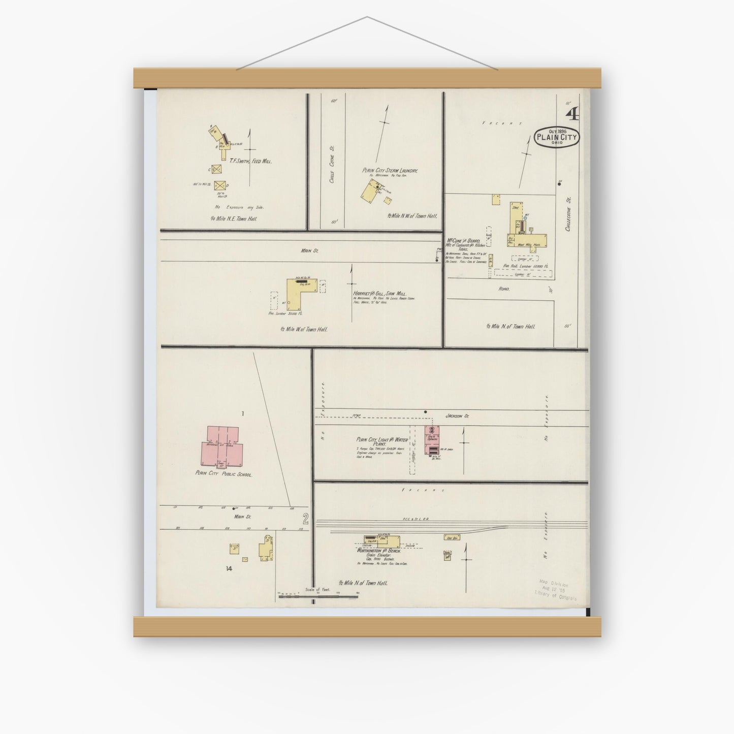 Old map wall art mockup — magnetic wood frame on white wall — Sanborn Fire Insurance Map from Plain City, Madison And Union Counties, Ohio (1895), Sheet #0004
