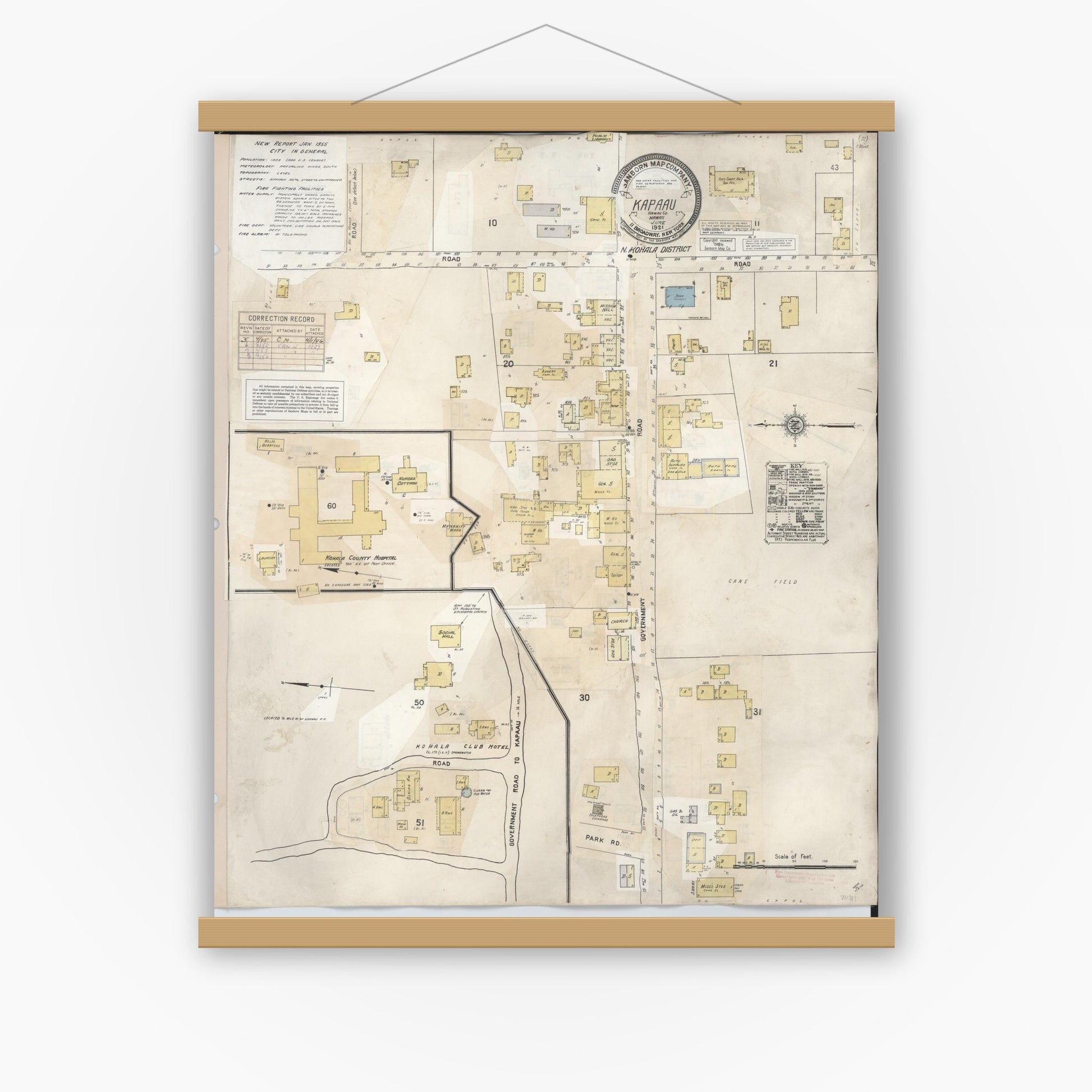 Old map wall art mockup — magnetic wood frame on white wall — Sanborn Fire Insurance Map from Kapaau, Hawaii County, Hawaii (1956), Sheet #0001