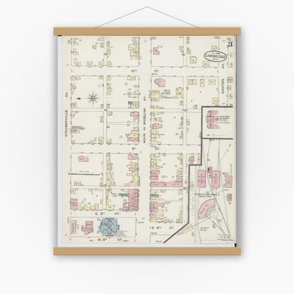 Old map wall art mockup — magnetic wood frame on white wall — Sanborn Fire Insurance Map from Cambridge, Guernsey County, Ohio (1886), Sheet #0003