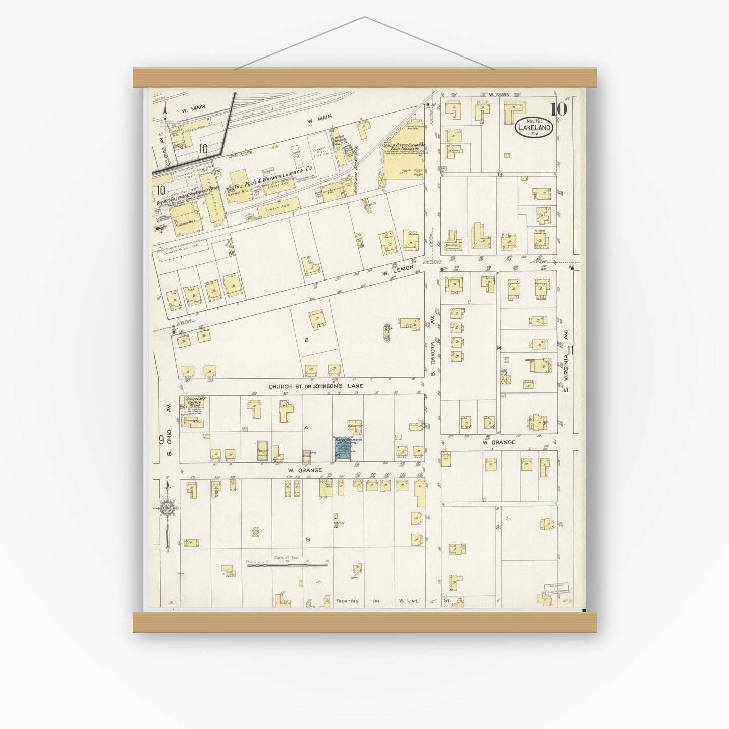 Old map wall art mockup — magnetic wood frame on white wall — Sanborn Fire Insurance Map from Lakeland, Polk County, Florida (1913), Sheet #0010