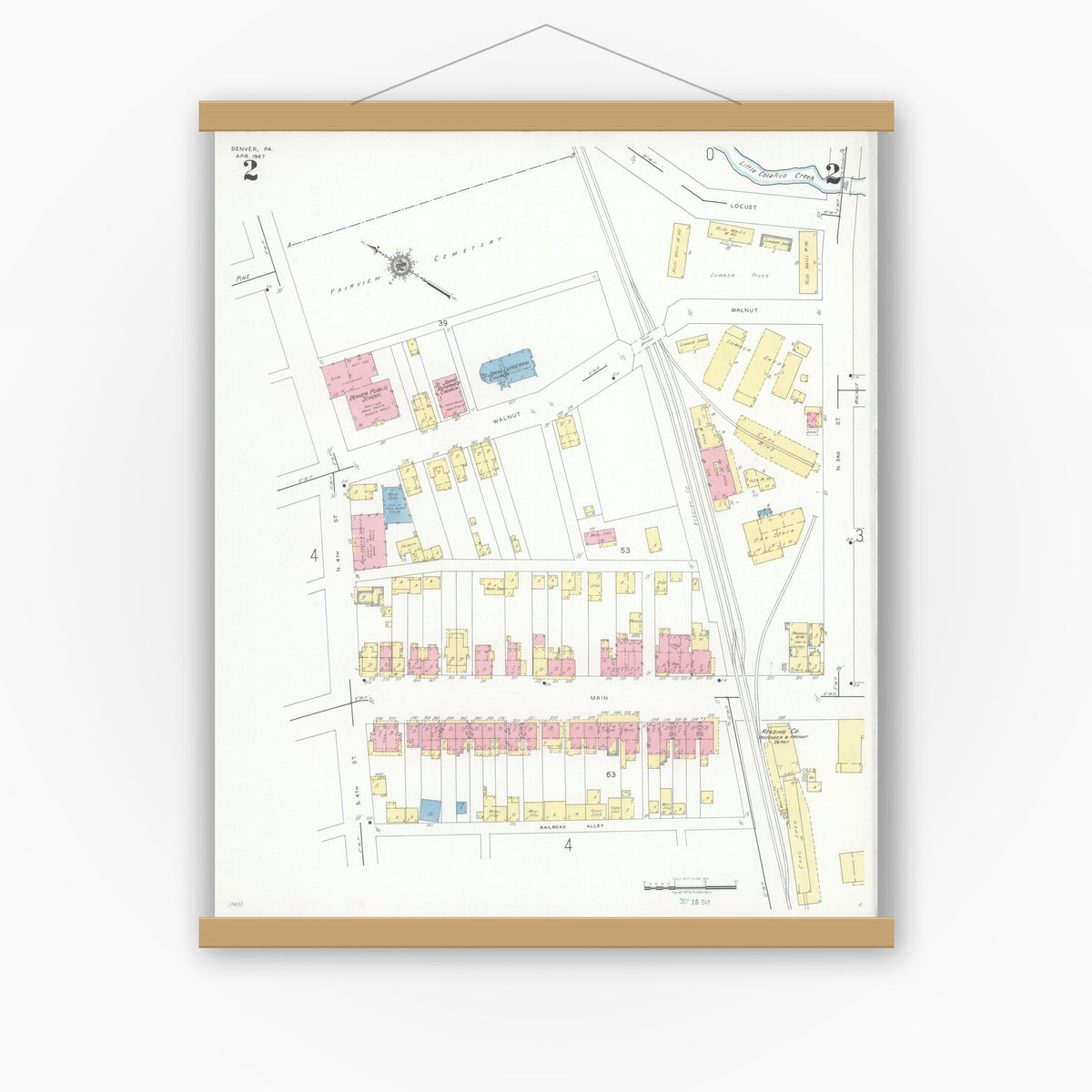 Old map wall art mockup — magnetic wood frame on white wall — Sanborn Fire Insurance Map from Denver, Lancaster County, Pennsylvania (1947), Sheet #0002