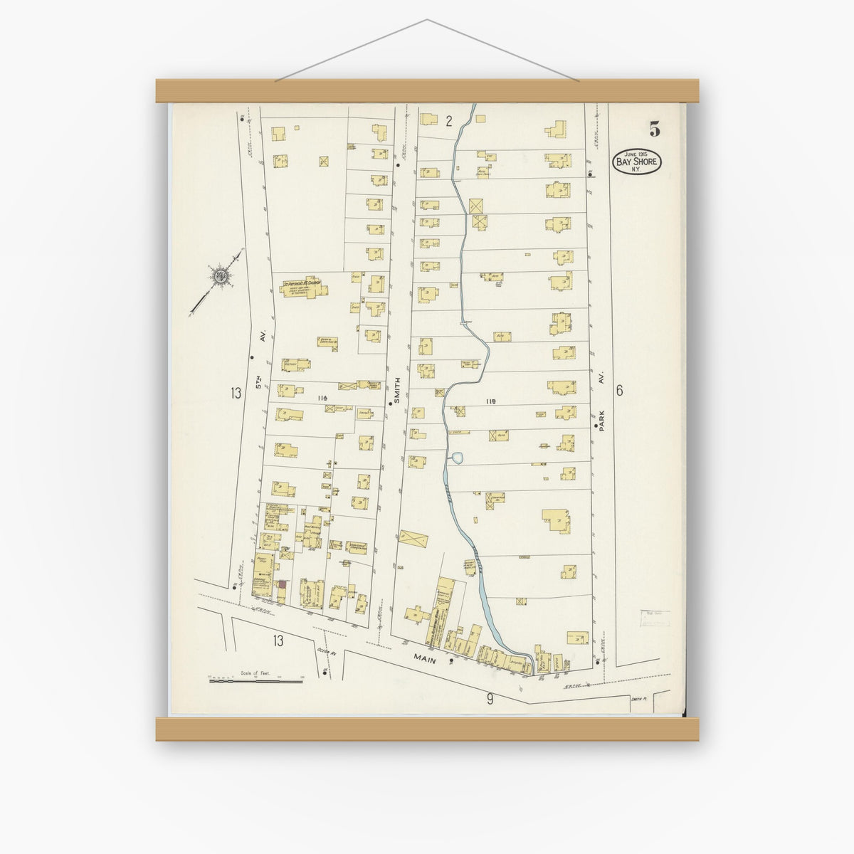 Old map wall art mockup — magnetic wood frame on white wall — Sanborn Fire Insurance Map from Bay Shore, Suffolk County, New York (1915), Sheet #0005