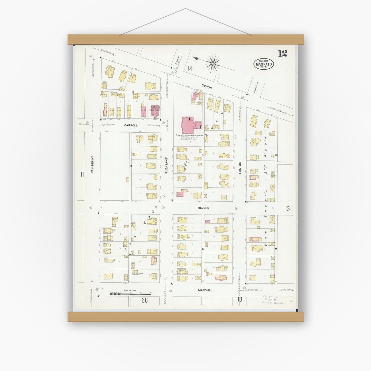 Old map wall art mockup — magnetic wood frame on white wall — Sanborn Fire Insurance Map from Mankato, Blue Earth County, Minnesota (1908), Sheet #0012