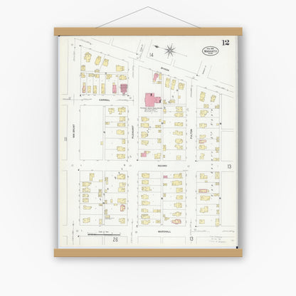 Old map wall art mockup — magnetic wood frame on white wall — Sanborn Fire Insurance Map from Mankato, Blue Earth County, Minnesota (1908), Sheet #0012