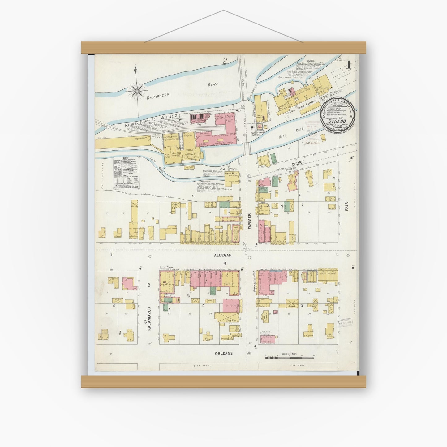 Old map wall art mockup — magnetic wood frame on white wall — Sanborn Fire Insurance Map from Otsego, Allegan County, Michigan (1899), Sheet #0001