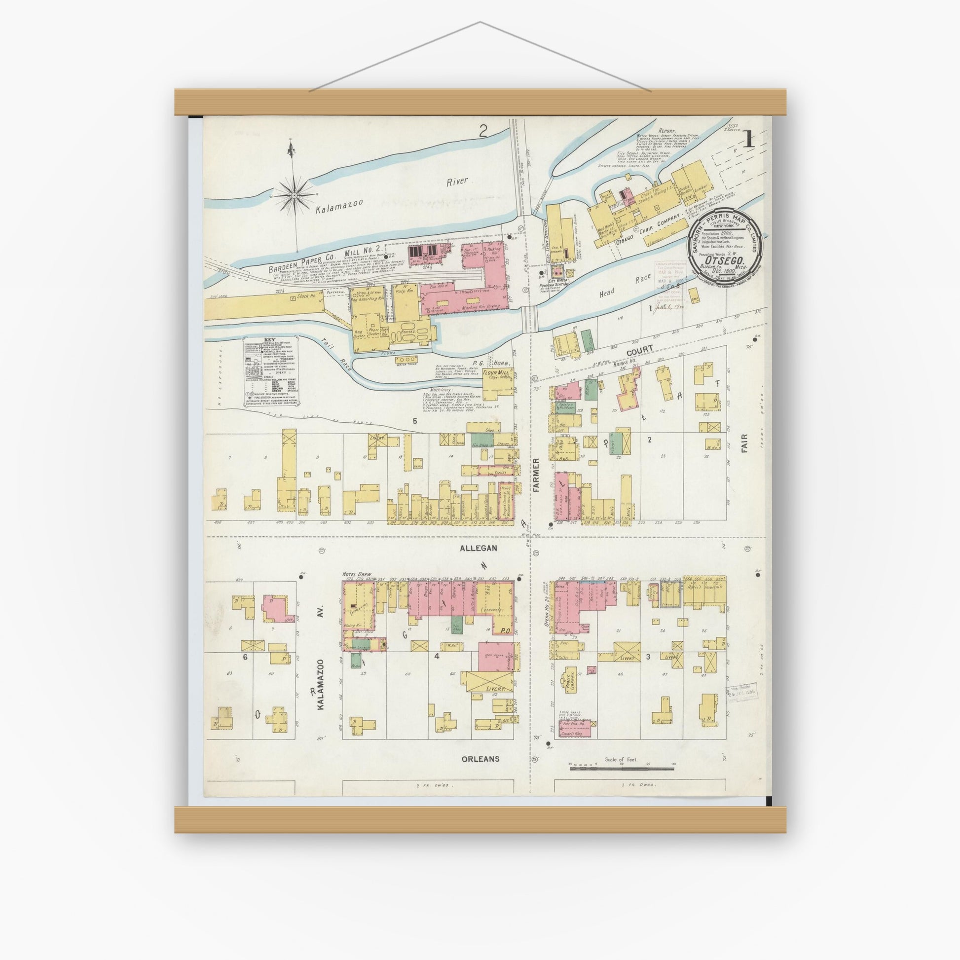 Old map wall art mockup — magnetic wood frame on white wall — Sanborn Fire Insurance Map from Otsego, Allegan County, Michigan (1899), Sheet #0001