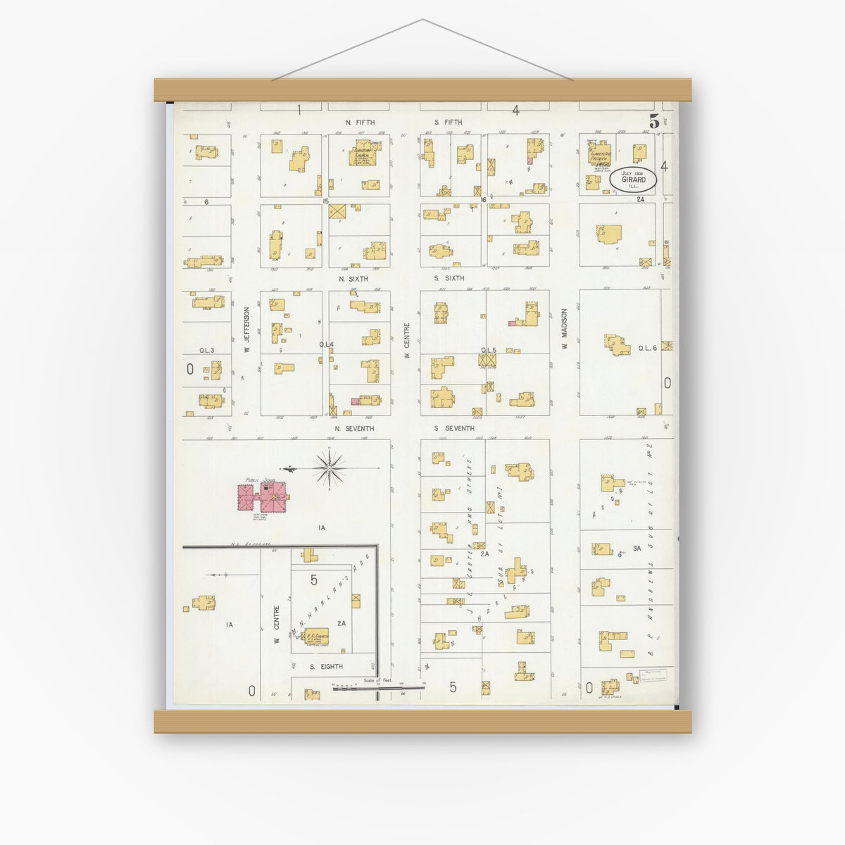 Old map wall art mockup — magnetic wood frame on white wall — Sanborn Fire Insurance Map from Girard, Macoupin County, Illinois (1906), Sheet #0005