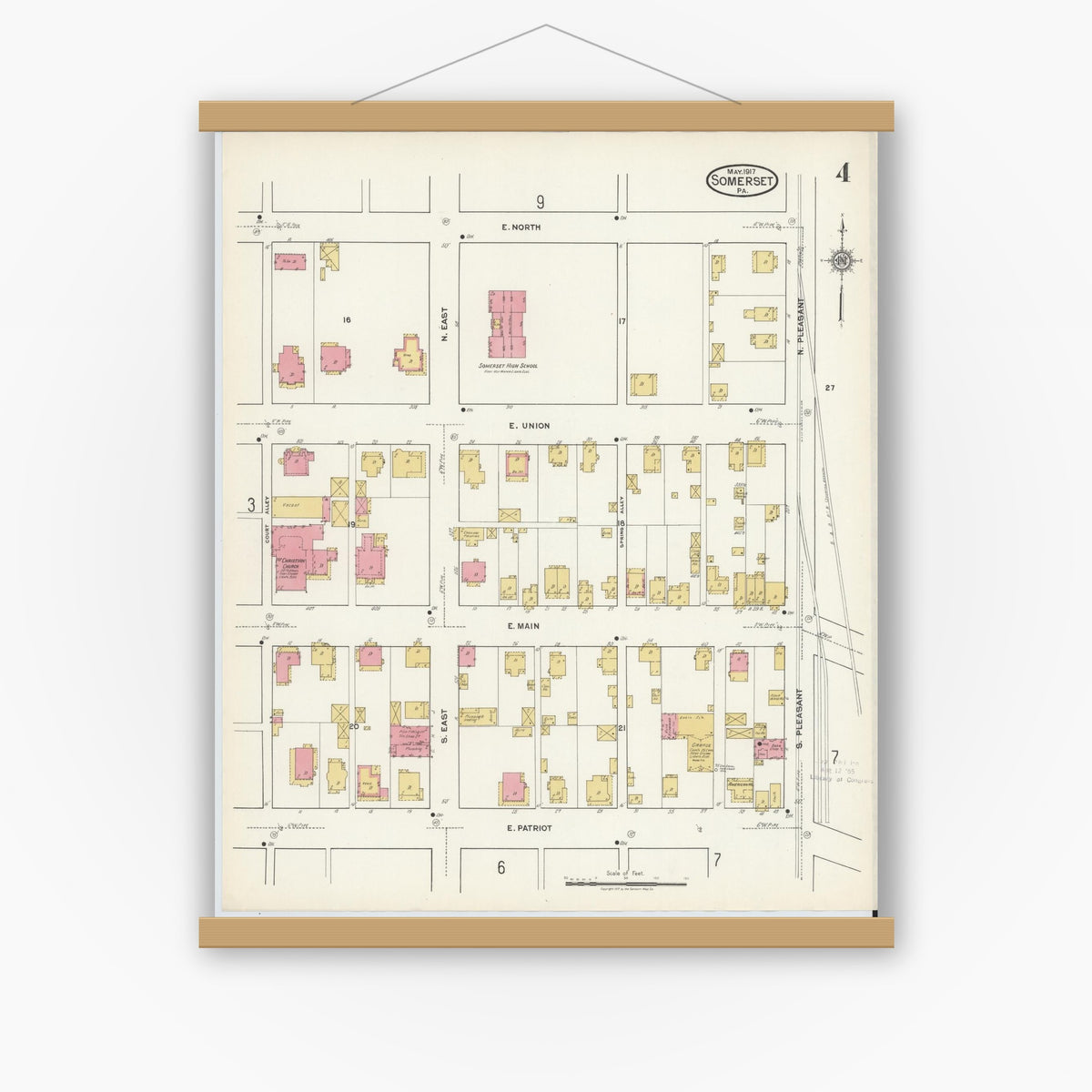 Old map wall art mockup — magnetic wood frame on white wall — Sanborn Fire Insurance Map from Somerset, Somerset County, Pennsylvania (1917), Sheet #0004