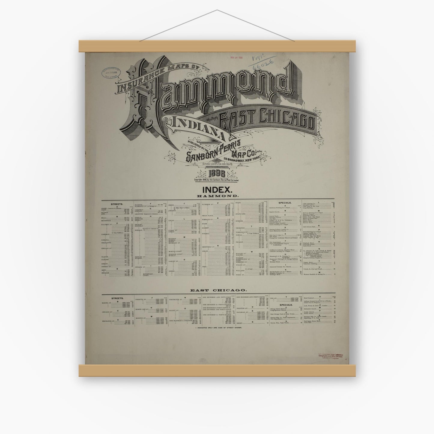 Old map wall art mockup — magnetic wood frame on white wall — Sanborn Fire Insurance Map from Hammond, Lake County, Indiana (1898), Sheet #0001