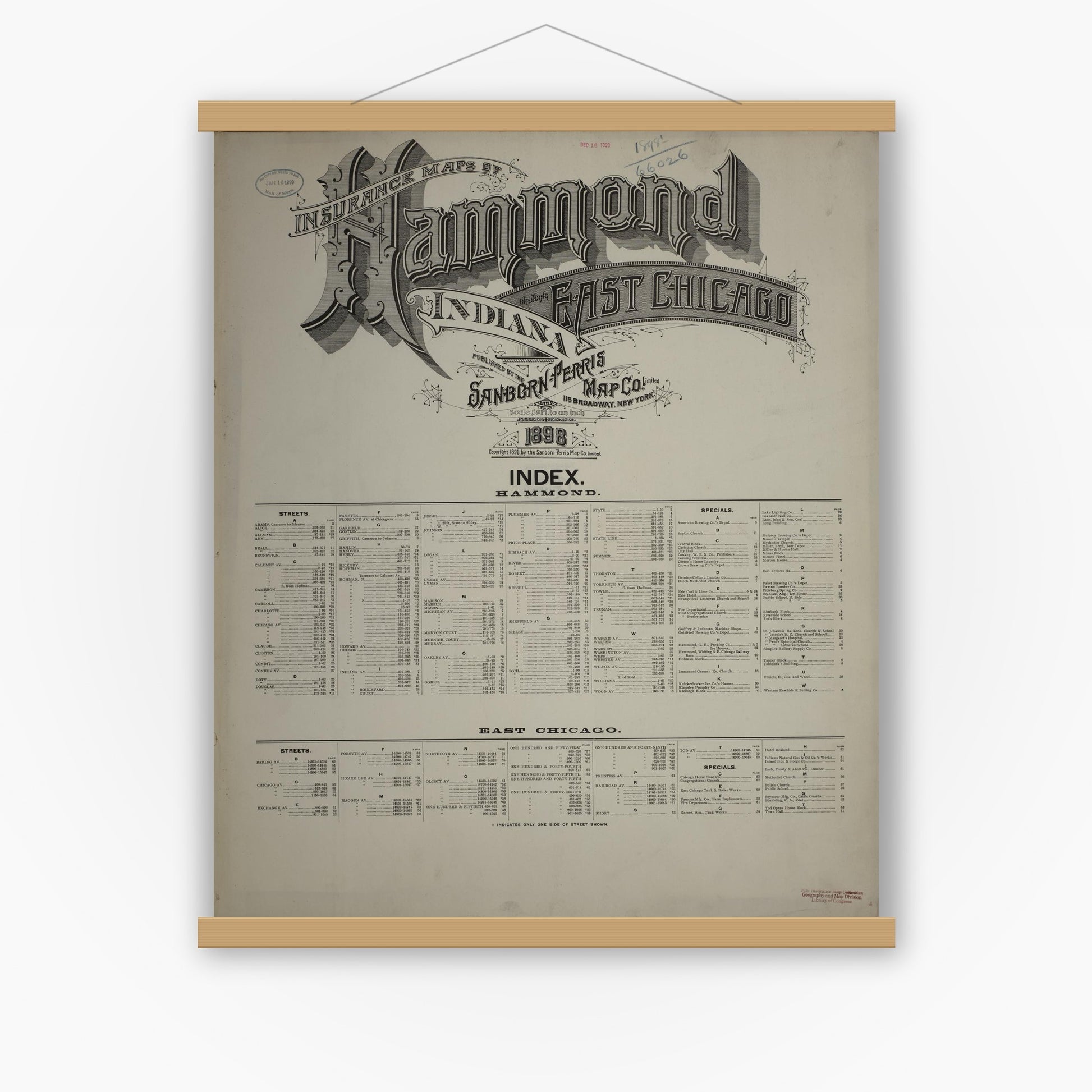 Old map wall art mockup — magnetic wood frame on white wall — Sanborn Fire Insurance Map from Hammond, Lake County, Indiana (1898), Sheet #0001