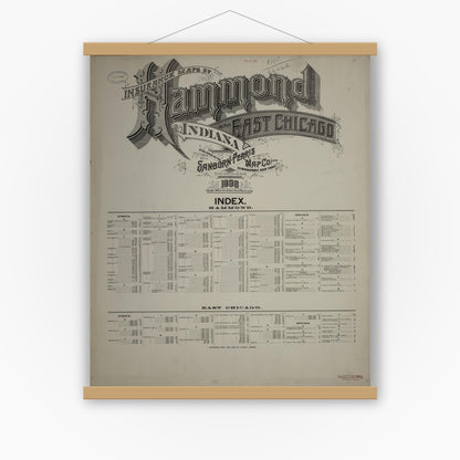 Old map wall art mockup — magnetic wood frame on white wall — Sanborn Fire Insurance Map from Hammond, Lake County, Indiana (1898), Sheet #0001
