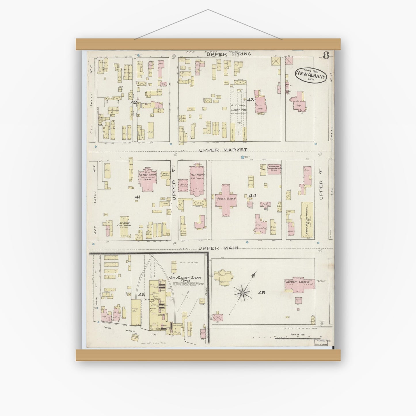 Old map wall art mockup — magnetic wood frame on white wall — Sanborn Fire Insurance Map from New Albany, Floyd County, Indiana (1886), Sheet #0008
