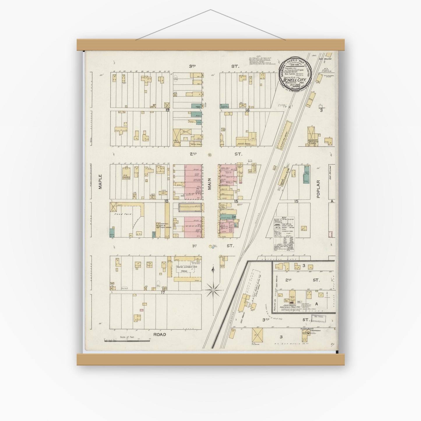 Old map wall art mockup — magnetic wood frame on white wall — Sanborn Fire Insurance Map from Schell City, Vernon County, Missouri (1892), Sheet #0001