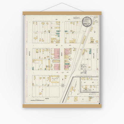 Old map wall art mockup — magnetic wood frame on white wall — Sanborn Fire Insurance Map from Schell City, Vernon County, Missouri (1892), Sheet #0001