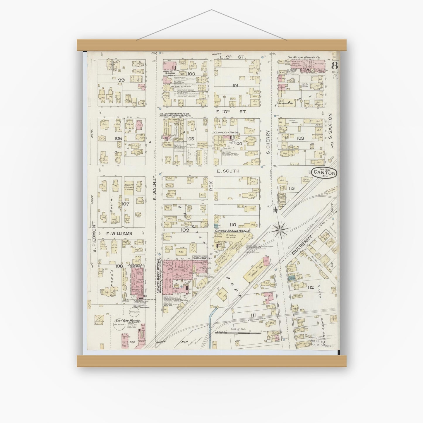 Old map wall art mockup — magnetic wood frame on white wall — Sanborn Fire Insurance Map from Canton, Stark County, Ohio (1887), Sheet #0008