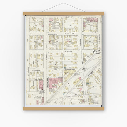 Old map wall art mockup — magnetic wood frame on white wall — Sanborn Fire Insurance Map from Canton, Stark County, Ohio (1887), Sheet #0008