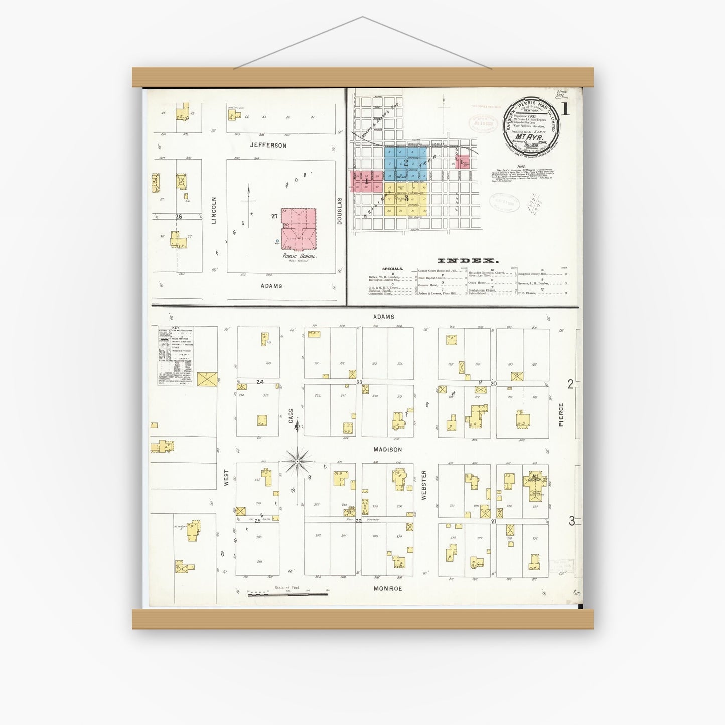 Old map wall art mockup — magnetic wood frame on white wall — Sanborn Fire Insurance Map from Mount Ayr, Ringgold County, Iowa (1898) â€” Complete Set