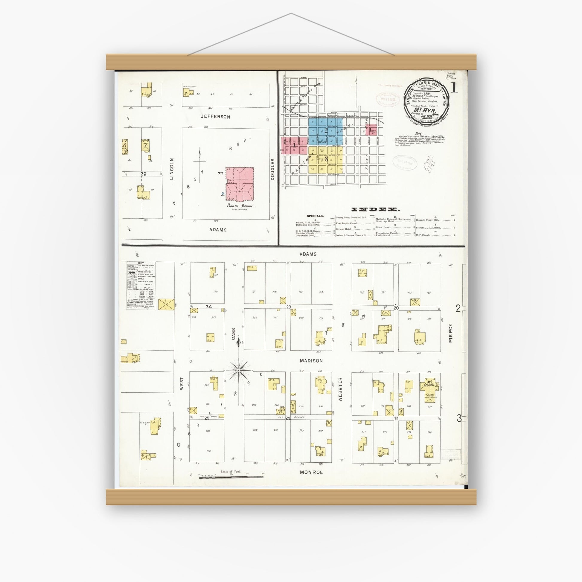 Old map wall art mockup — magnetic wood frame on white wall — Sanborn Fire Insurance Map from Mount Ayr, Ringgold County, Iowa (1898) â€” Complete Set