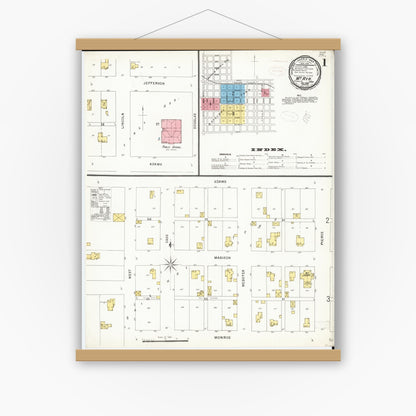 Old map wall art mockup — magnetic wood frame on white wall — Sanborn Fire Insurance Map from Mount Ayr, Ringgold County, Iowa (1898) â€” Complete Set