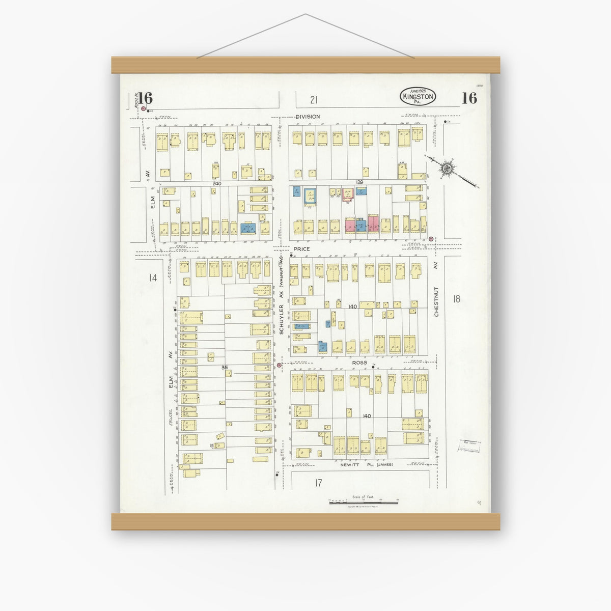 Old map wall art mockup — magnetic wood frame on white wall — Sanborn Fire Insurance Map from Kingston, Luzerne County, Pennsylvania (1925), Sheet #0016