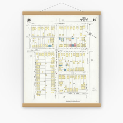 Old map wall art mockup — magnetic wood frame on white wall — Sanborn Fire Insurance Map from Kingston, Luzerne County, Pennsylvania (1925), Sheet #0016