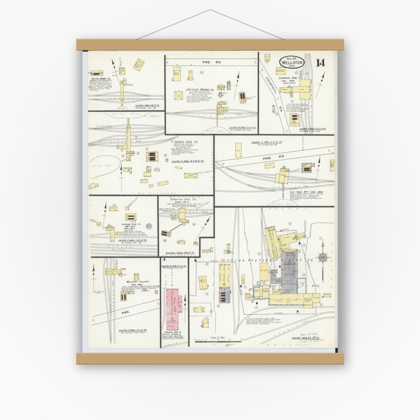 Old map wall art mockup — magnetic wood frame on white wall — Sanborn Fire Insurance Map from Wellston, Jackson County, Ohio (1911), Sheet #0014