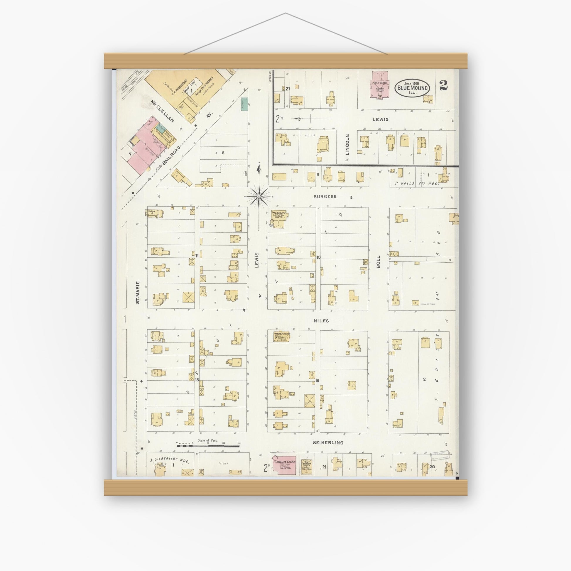 Old map wall art mockup — magnetic wood frame on white wall — Sanborn Fire Insurance Map from Blue Mound, Macon County, Illinois (1905), Sheet #0002