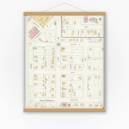 Old map wall art mockup — magnetic wood frame on white wall — Sanborn Fire Insurance Map from Blue Mound, Macon County, Illinois (1905), Sheet #0002