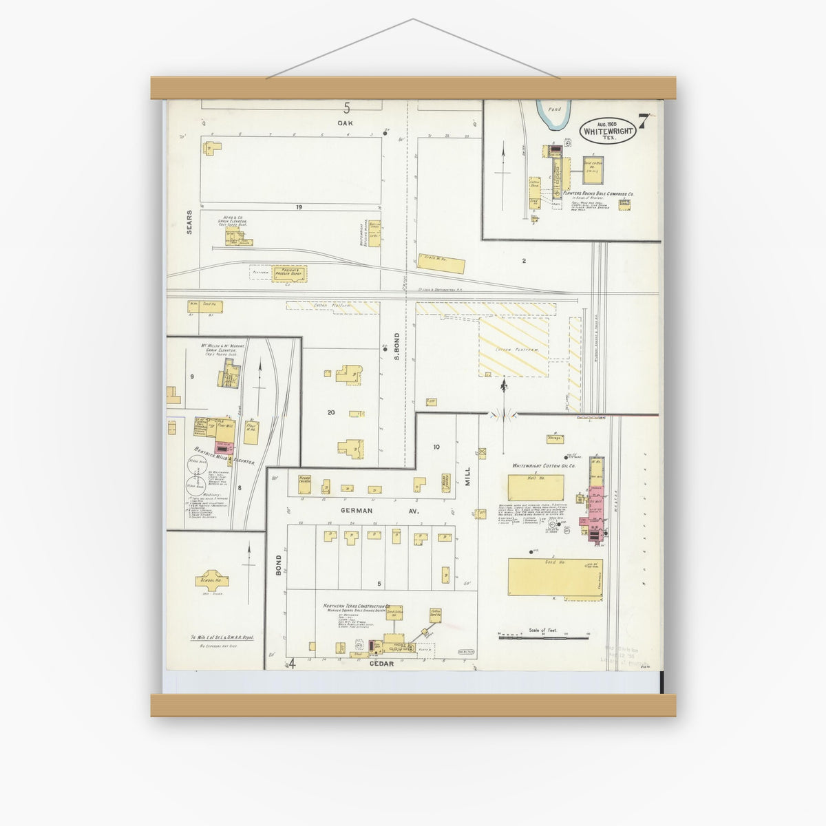 Old map wall art mockup — magnetic wood frame on white wall — Sanborn Fire Insurance Map from Whitewright, Grayson County, Texas (1905), Sheet #0007