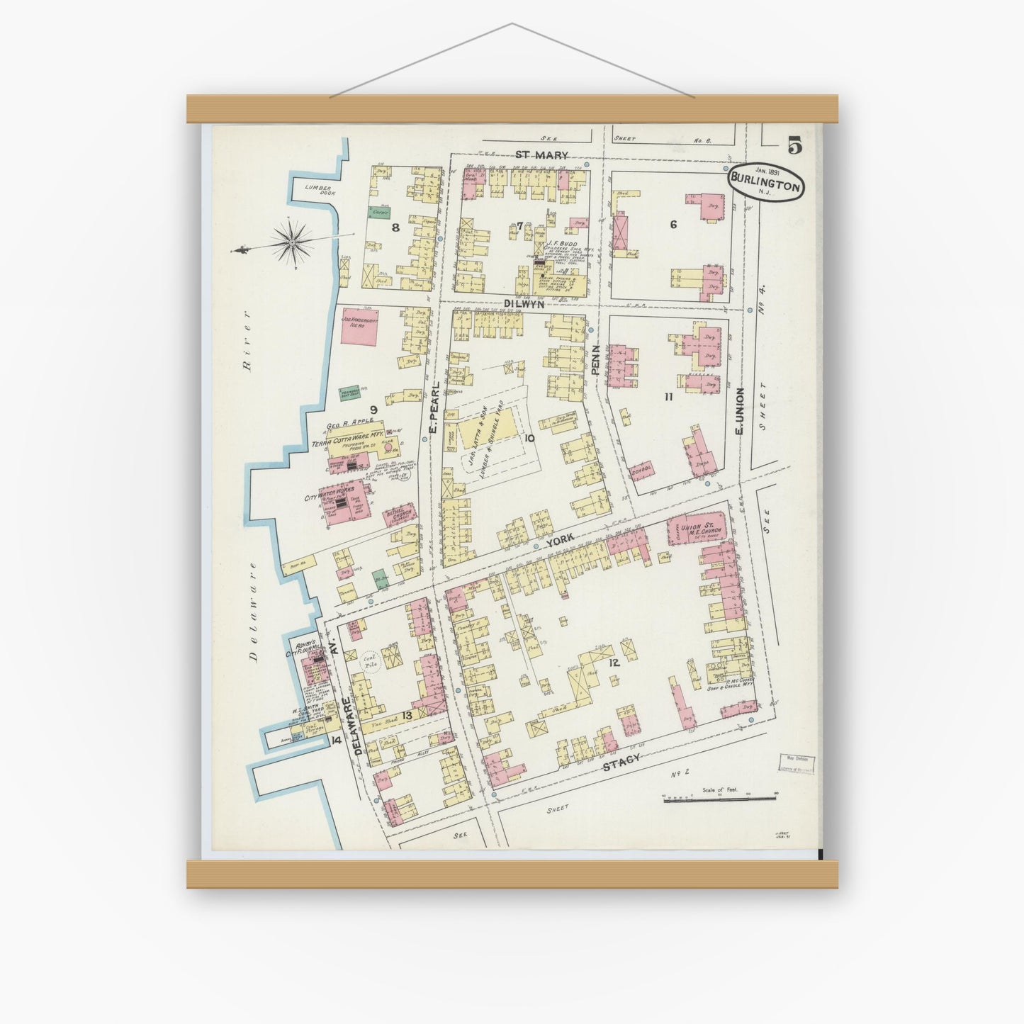 Old map wall art mockup — magnetic wood frame on white wall — Sanborn Fire Insurance Map from Burlington, Burlington County, New Jersey (1891), Sheet #0005