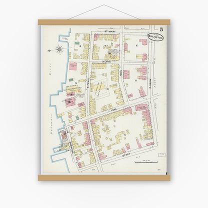Old map wall art mockup — magnetic wood frame on white wall — Sanborn Fire Insurance Map from Burlington, Burlington County, New Jersey (1891), Sheet #0005