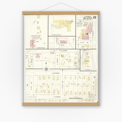 Old map wall art mockup — magnetic wood frame on white wall — Sanborn Fire Insurance Map from Washington, Washington County, Iowa (1909), Sheet #0012